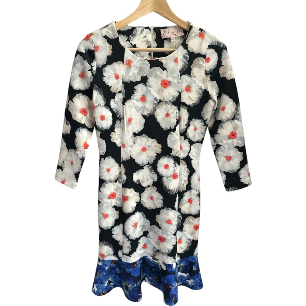 Philosophy Floral 3/4 Sleeve, Raffled Hem|Seamed Detail Mini Dress Size XS